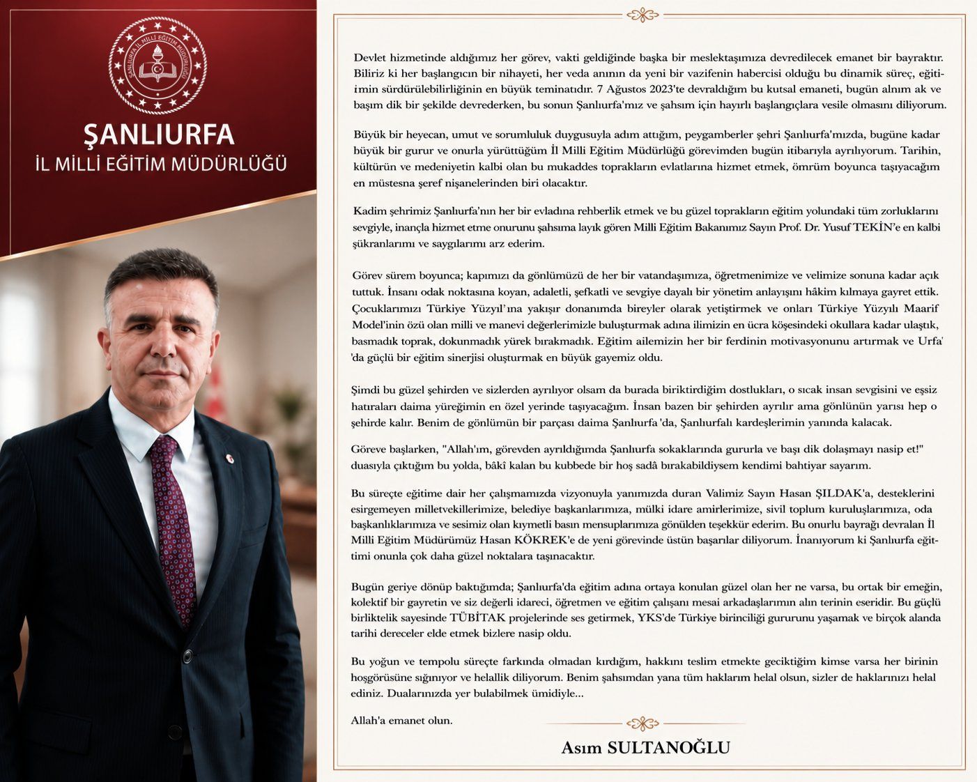 ” Alnım Ak, Başım Dik” Diyerek Görevini Devretti