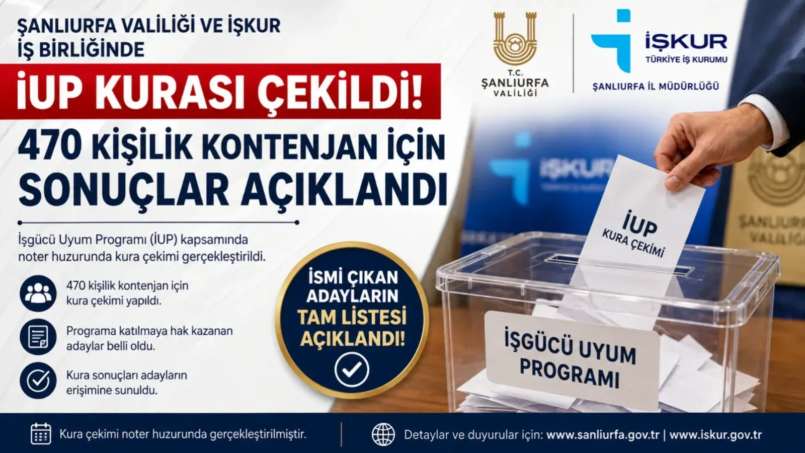 Şanlıurfa İŞKUR İUP kura sonuçları açıklandı! 470 kişilik kontenjan için isim listesi